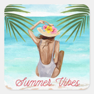 Watercolor Beach Girl Summer Vibes Tropical Square Sticker