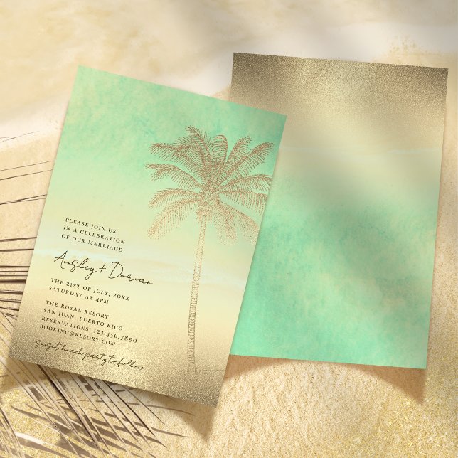 Watercolor Beach Gold Sand Palm Tree Boho Wedding Invitation (Creator Uploaded)