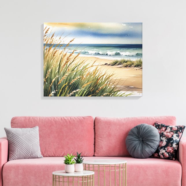 Watercolor Beach Grass and Ocean Scene Canvas Print (Insitu(LivingRoom))