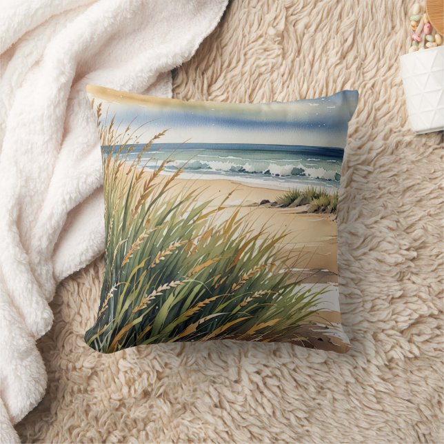 Watercolor Beach Grass and Ocean Scene Cushion (Blanket)