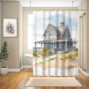 Watercolor Beach House  Shower Curtain