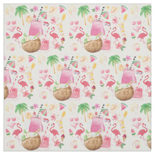 Watercolor Beach Icons Flamingos Palm Trees Fabric