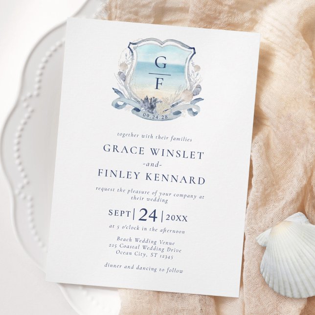 Watercolor Beach Monogram Wedding Crest Invitation (Creator Uploaded)