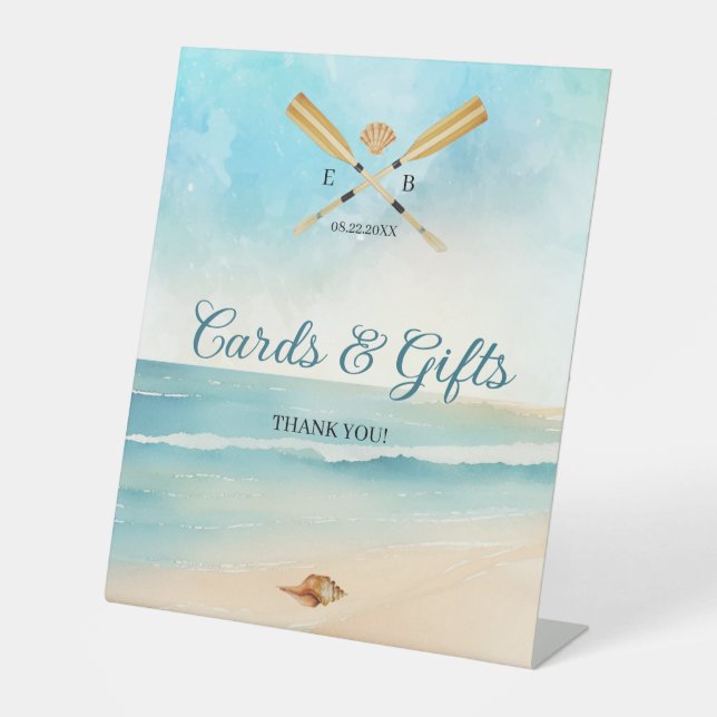 Watercolor Beach Oars Wedding Cards & Gifts Pedestal Sign (Front)