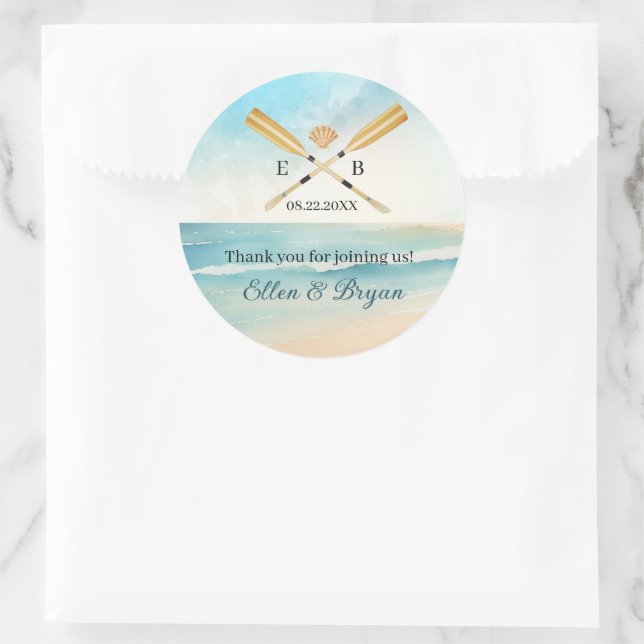 Watercolor Beach Oars Wedding Classic Round Sticker (Bag)