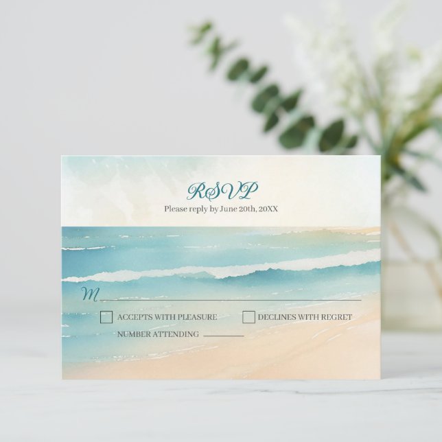 Watercolor Beach Oars Wedding RSVP Reply Card (Standing Front)
