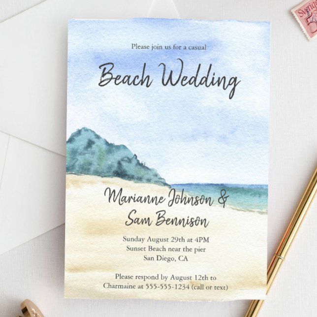 Watercolor Beach Ocean Casual Beach Wedding Invitation (Creator Uploaded)