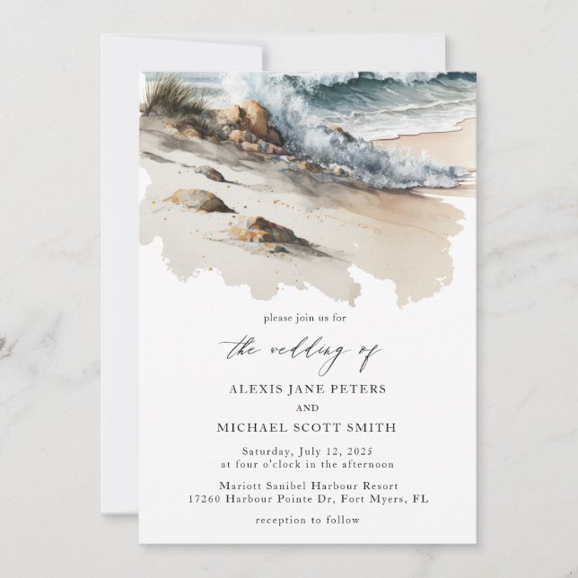 Watercolor Beach Ocean Coastal Wedding Invitation (Front)