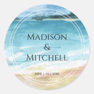 Watercolor Beach Ocean Destination Wedding Classic Round Sticker