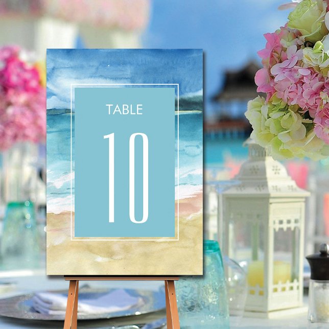 Watercolor Beach Ocean Destination Wedding Table Number (Creator Uploaded)