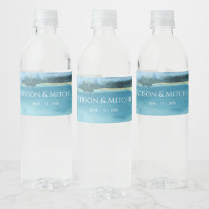 Watercolor Beach Ocean Destination Wedding Water Bottle Label