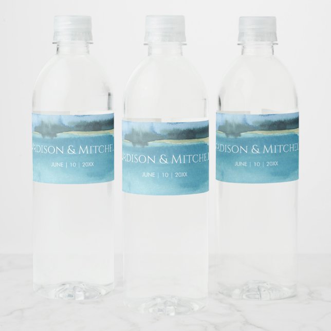 Watercolor Beach Ocean Destination Wedding Water Bottle Label (Bottles)