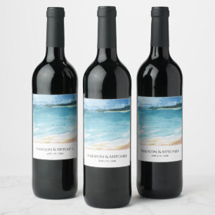 Watercolor Beach Ocean Destination Wedding Wine Label