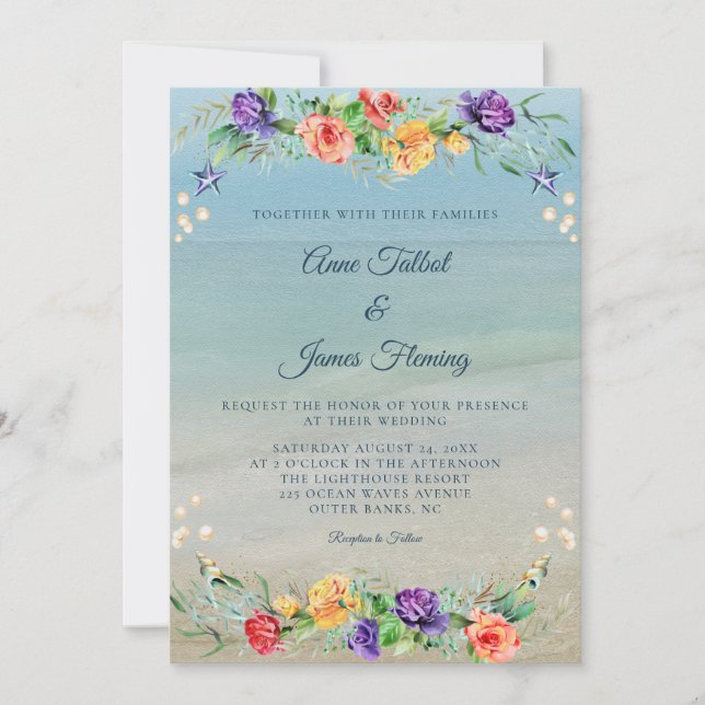Watercolor Beach Ocean Floral Wedding Invitation (Front)