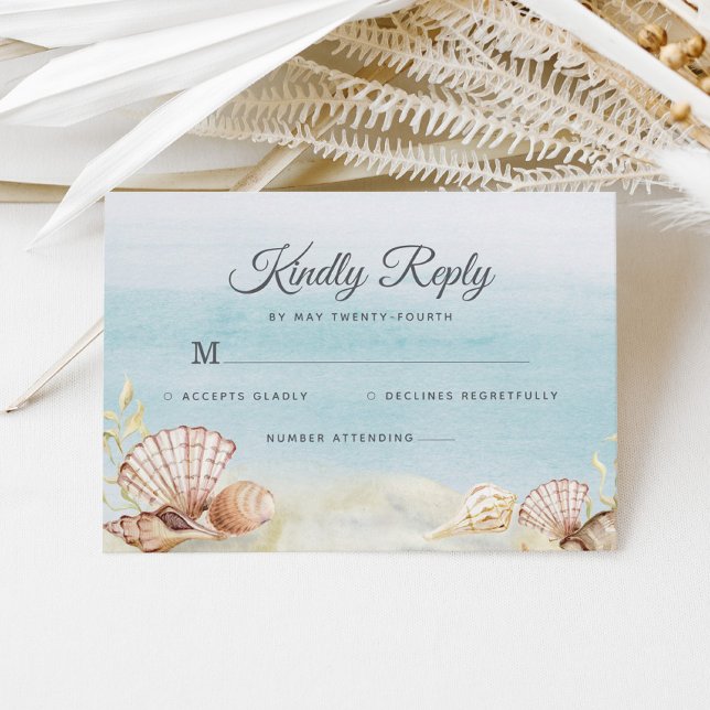 Watercolor Beach Ocean Shells Wedding RSVP Card (Creator Uploaded)