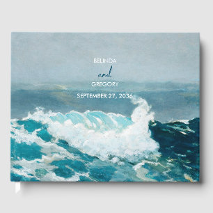 Watercolor Beach Ocean Waves Monogram Wedding   Guest Book