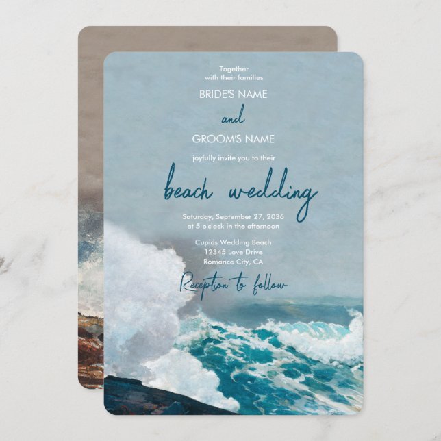 Watercolor Beach Ocean Waves Monogram Wedding Invitation (Front/Back)