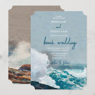 Watercolor Beach Ocean Waves Monogram Wedding Invitation