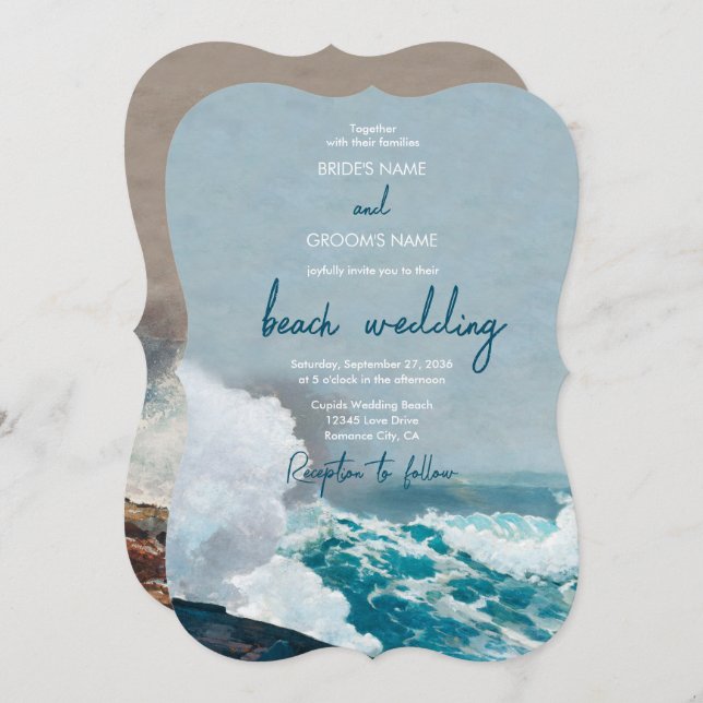 Watercolor Beach Ocean Waves Monogram Wedding Invitation (Front/Back)