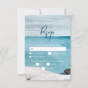 Watercolor Beach Ocean Waves Monogram Wedding RSVP Card
