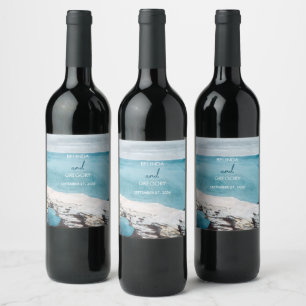 Watercolor Beach Ocean Waves Monogram Wedding Wine Label