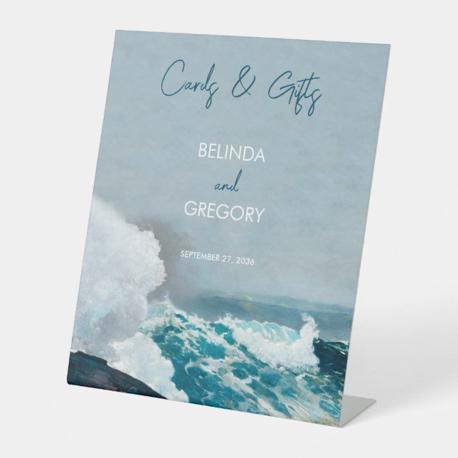 Watercolor Beach Ocean Waves Wedding Cards Gifts  Pedestal Sign (Front)