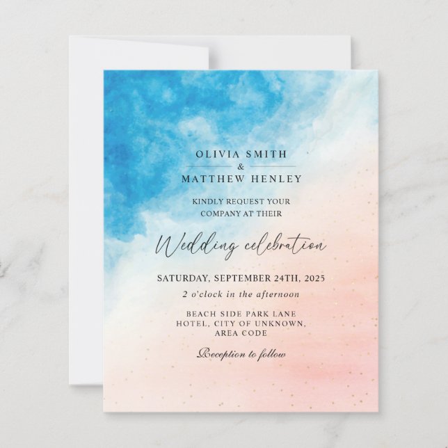Watercolor beach ocean wedding invitation (Front)