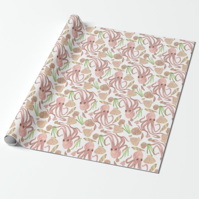 Watercolor Beach Octopus Wrapping Paper (Unrolled)
