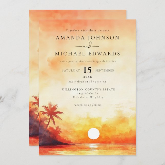 Watercolor Beach Orange Sunset QR Code Wedding Invitation (Front/Back)