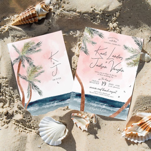 Watercolor Beach Palm Trees Coastal Chic Wedding Invitation (Modern tropical beach watercolor palm trees, navy ocean, pink sunset, destination wedding invitation)