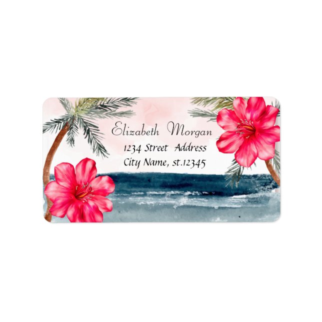 Watercolor  Beach,Palms ,Hibiscus Label (Front)