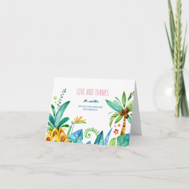 watercolor beach palms pineapple wedding thank you card (Front)