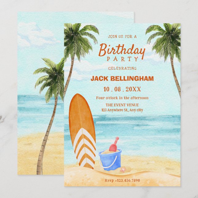 Watercolor beach paradise birthday invitation (Front/Back)
