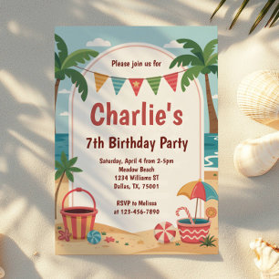 Watercolor Beach Party Kids Birthday Party Invitation