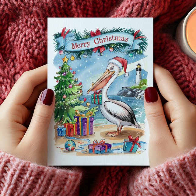 Watercolor Beach Pelican Christmas Card (Watercolor Beach Pelican Christmas Card)