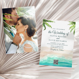 Watercolor Beach Photo & QR Code Wedding Invitation