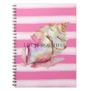 Watercolor Beach Pink Stripes Gold Shell Notebook