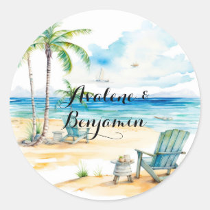Watercolor Beach Scene Wedding Classic Round Sticker