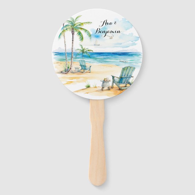 Watercolor Beach Scene Wedding Hand Fan (Front)