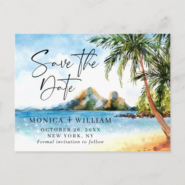 Watercolor Beach Sea Palm Tree Save the Date Postcard (Front)