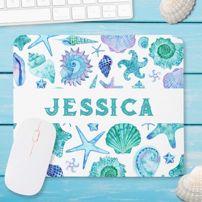 Watercolor Beach Sea Shells and Starfish Monogram Mouse Pad (Watercolor Beach Sea Shells and Starfish Monogram Mouse Pad)