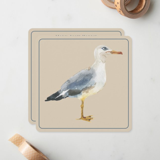 Watercolor Beach Seagull Personalized Card (Front/Back In Situ)