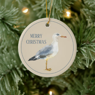 Watercolor Beach Seagull Personalized Ceramic Tree Decoration