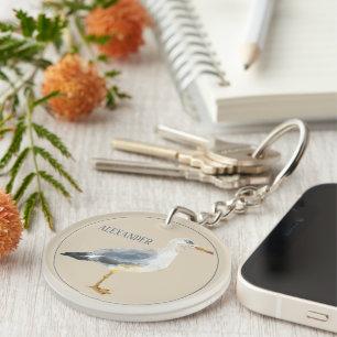 Watercolor Beach Seagull Personalized Key Ring