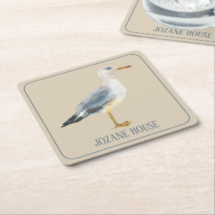 Watercolor Beach Seagull Personalized Square Paper Coaster