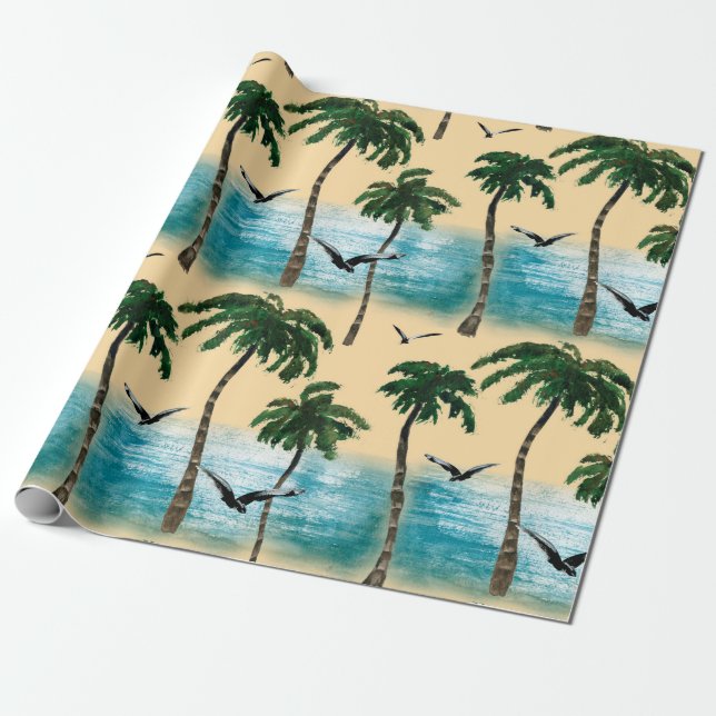 Watercolor beach seamless texture. Palms, seagull, Wrapping Paper (Unrolled)
