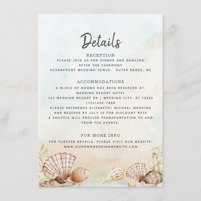 Watercolor Beach Shells Tropical Wedding Details Enclosure Card (Front)