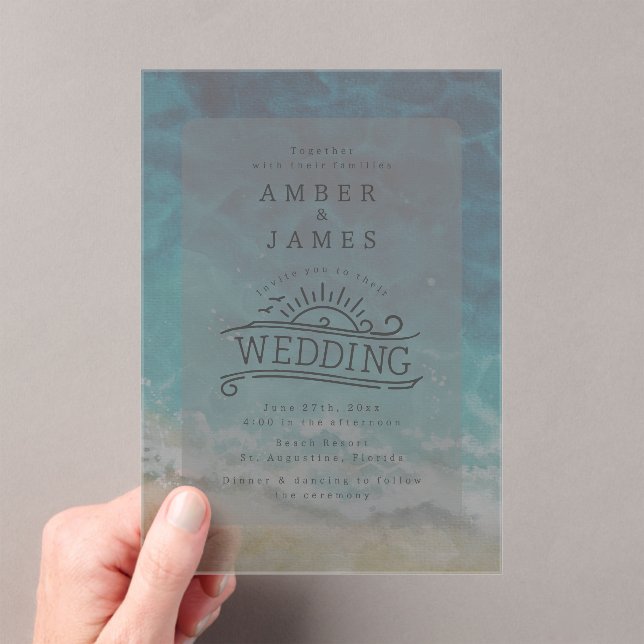 Watercolor Beach Shore Line Art Wedding Acrylic Invitations (Insitu (Handheld))