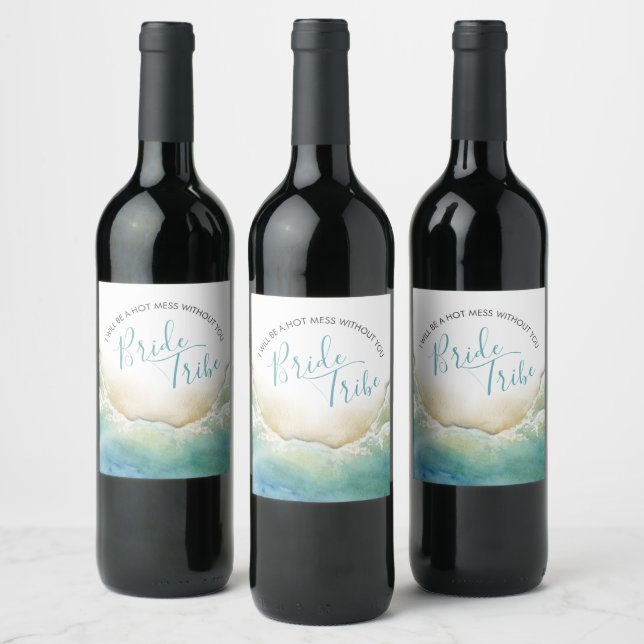 Watercolor Beach Shoreline Bridesmaid Proposal Wine Label (Bottles)