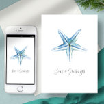 Watercolor Beach Starfish Custom Christmas Card<br><div class="desc">This beach theme Christmas card features my original hand painted watercolor starfish in shades of blue on a crisp white background. The words Seas & Greetings are set in a modern brush script typography. The inside features a solid light blue colour with your custom greeting in white. Customise the words...</div>